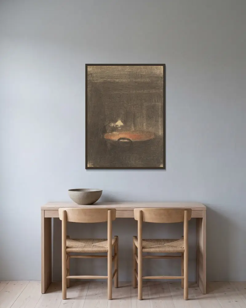 Läsande figur vid ett bord i en interiör om natten av Vilhelm Hammershøi inramad på en vägg