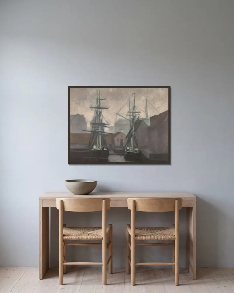 Grönländska handelsbryggan, Christianshavn, Köpenhamn av Vilhelm Hammershøi inramad på en vägg