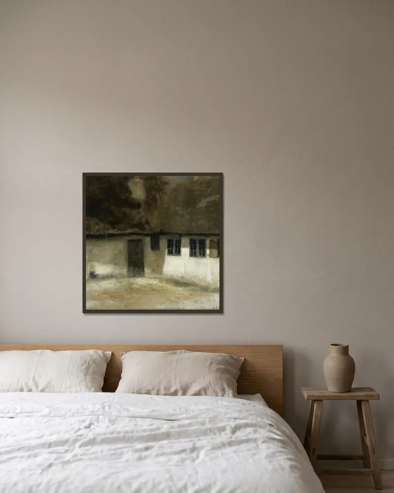 Ett hörn av en bondgård av Vilhelm Hammershøi inramad på en vägg
