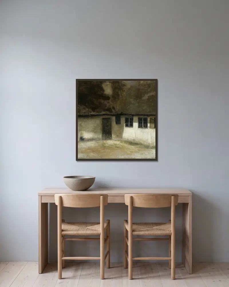 Ett hörn av en bondgård av Vilhelm Hammershøi inramad på en vägg