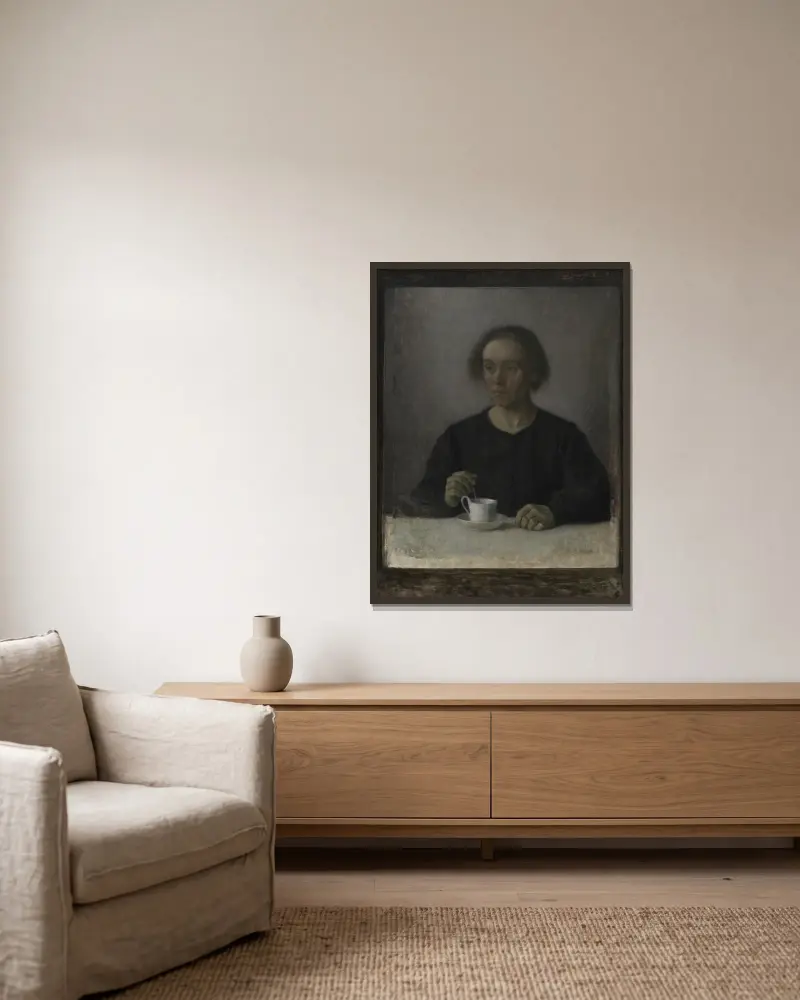 Ida Hammershøi, die Frau des Künstlers, mit einer Teetasse von Vilhelm Hammershøi gerahmt an einer Wand
