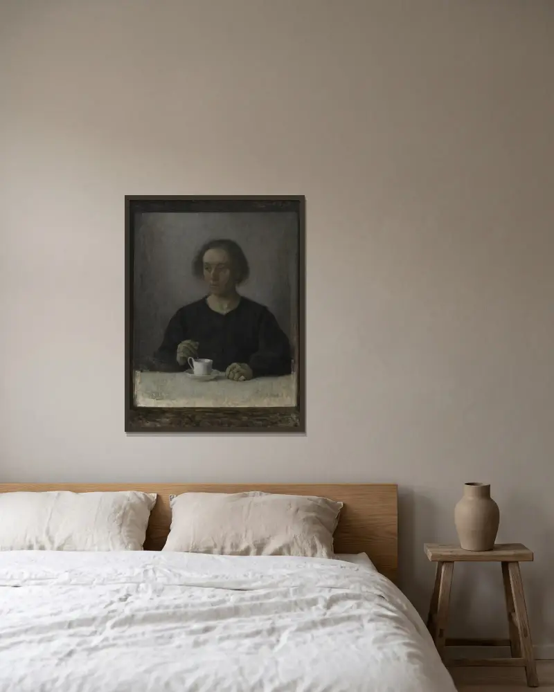 Ida Hammershøi, die Frau des Künstlers, mit einer Teetasse von Vilhelm Hammershøi gerahmt an einer Wand