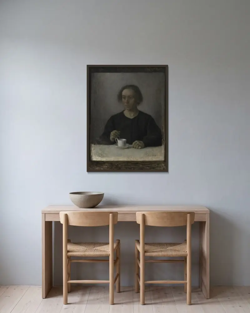 Ida Hammershøi, die Frau des Künstlers, mit einer Teetasse von Vilhelm Hammershøi gerahmt an einer Wand