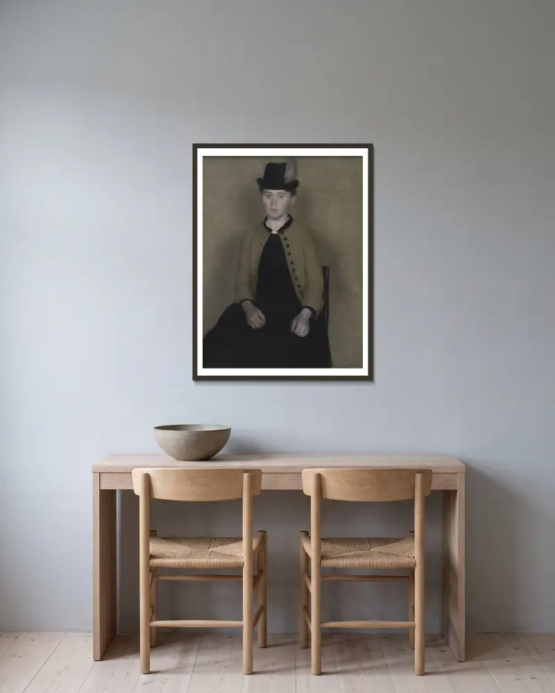 Ida Ilsted, později umělcova manželka, Vilhelm Hammershøi v rámu na stěně