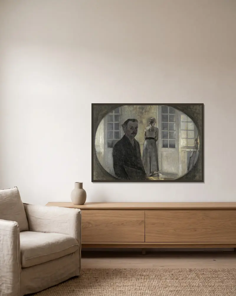 Interiör med konstnären och hans hustru av Vilhelm Hammershøi inramad på en vägg