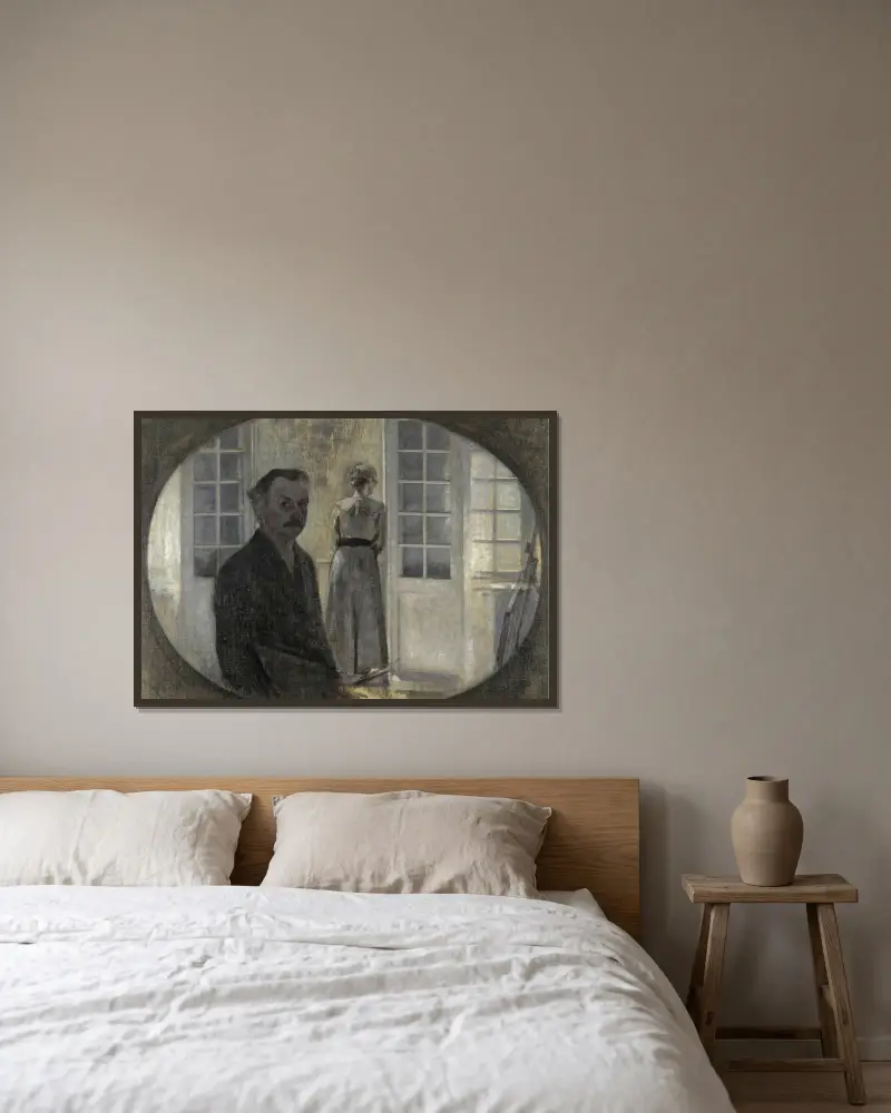 Interiör med konstnären och hans hustru av Vilhelm Hammershøi inramad på en vägg