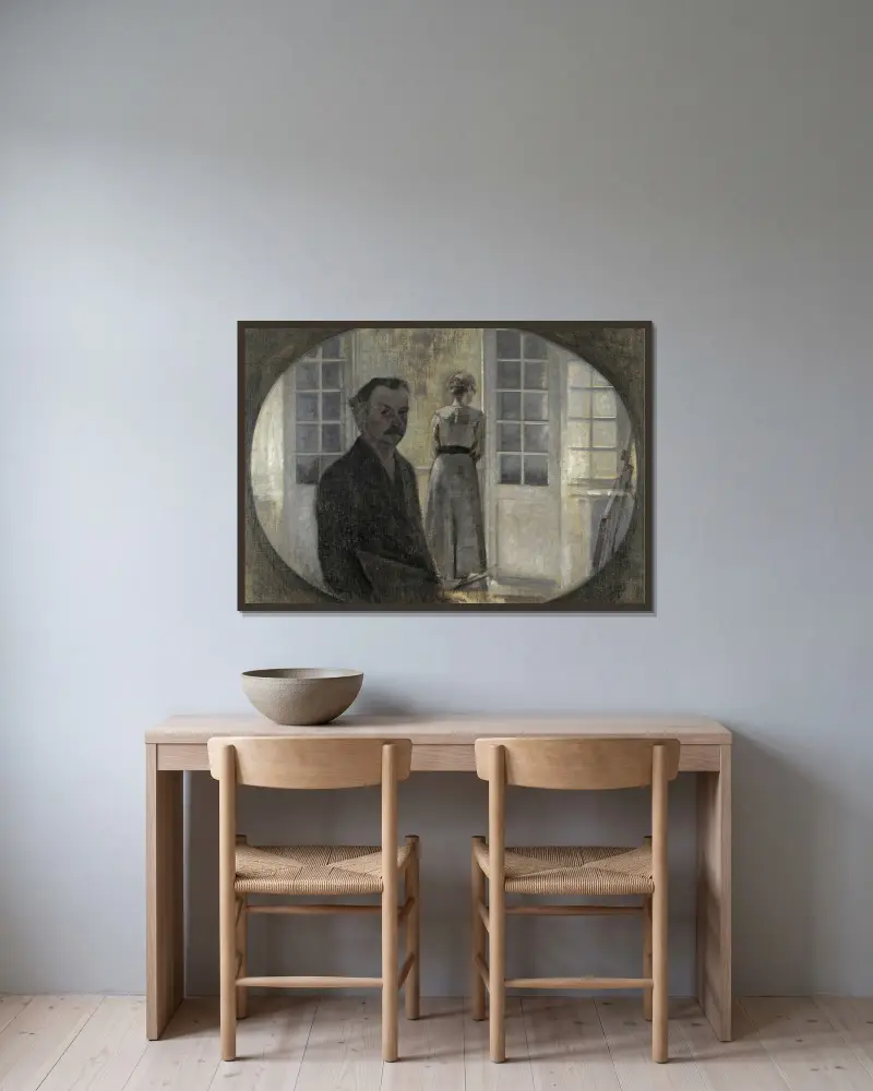 Interiör med konstnären och hans hustru av Vilhelm Hammershøi inramad på en vägg