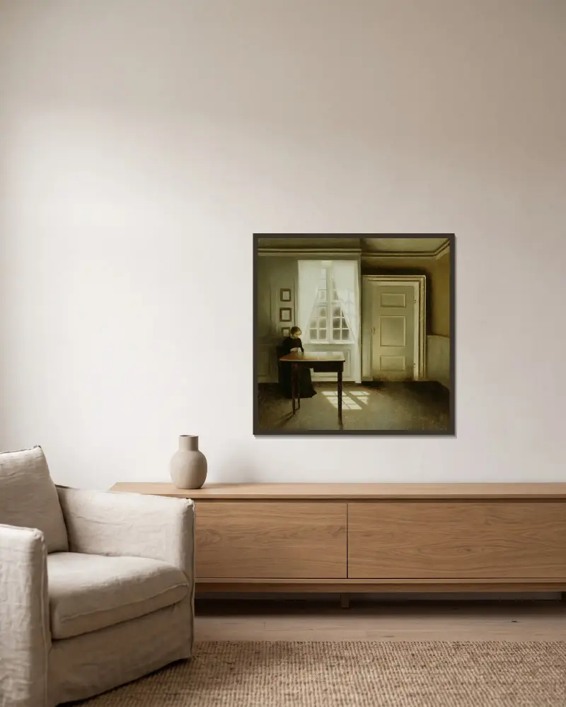 Interior With A Lady av Vilhelm Hammershøi inramad på en vägg