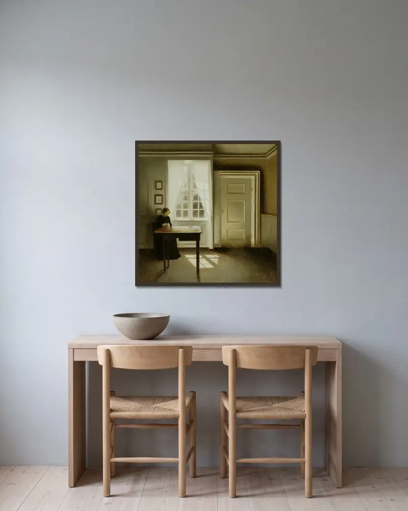 Interior With A Lady av Vilhelm Hammershøi inramad på en vägg
