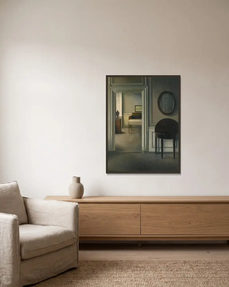 Interior With A Mirror av Vilhelm Hammershøi inramad på en vägg