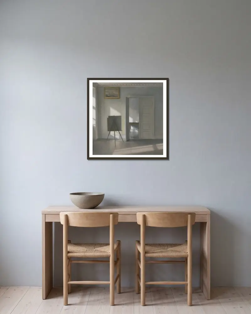 Interior with an Easel, Bredgade 25 av Vilhelm Hammershøi inramad på en vägg