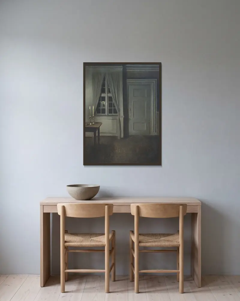 Interior With Two Candles av Vilhelm Hammershøi inramad på en vägg