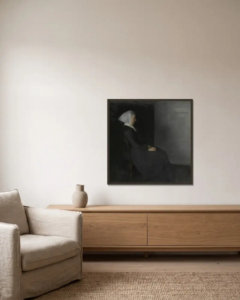 Die Mutter des Künstlers, Frederikke Hammershøi von Vilhelm Hammershøi gerahmt an einer Wand