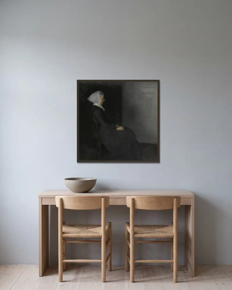 Die Mutter des Künstlers, Frederikke Hammershøi von Vilhelm Hammershøi gerahmt an einer Wand