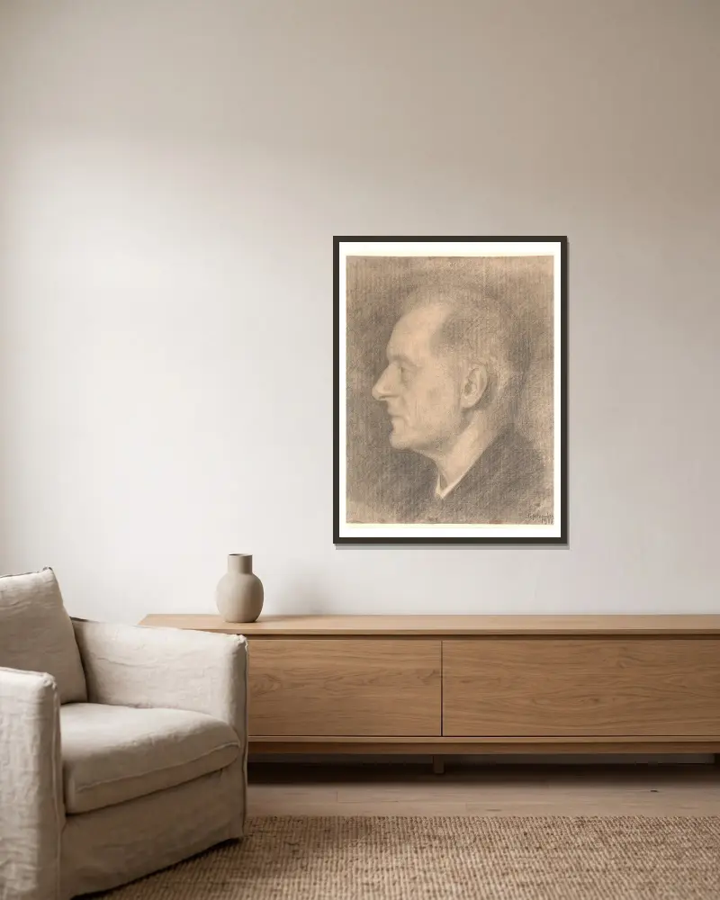 Porträtt av Alfred Bramsen, profil m.m. av Vilhelm Hammershøi inramad på en vägg