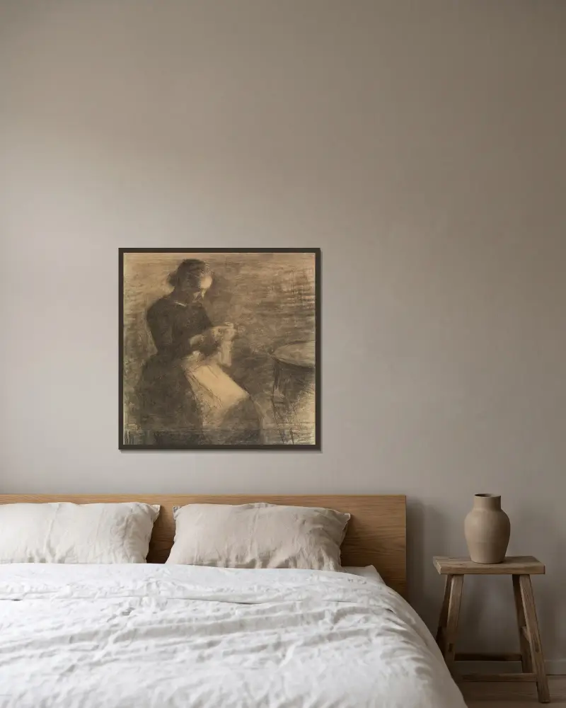 Porträtt av Ida Hammershøi med handarbete av Vilhelm Hammershøi inramad på en vägg