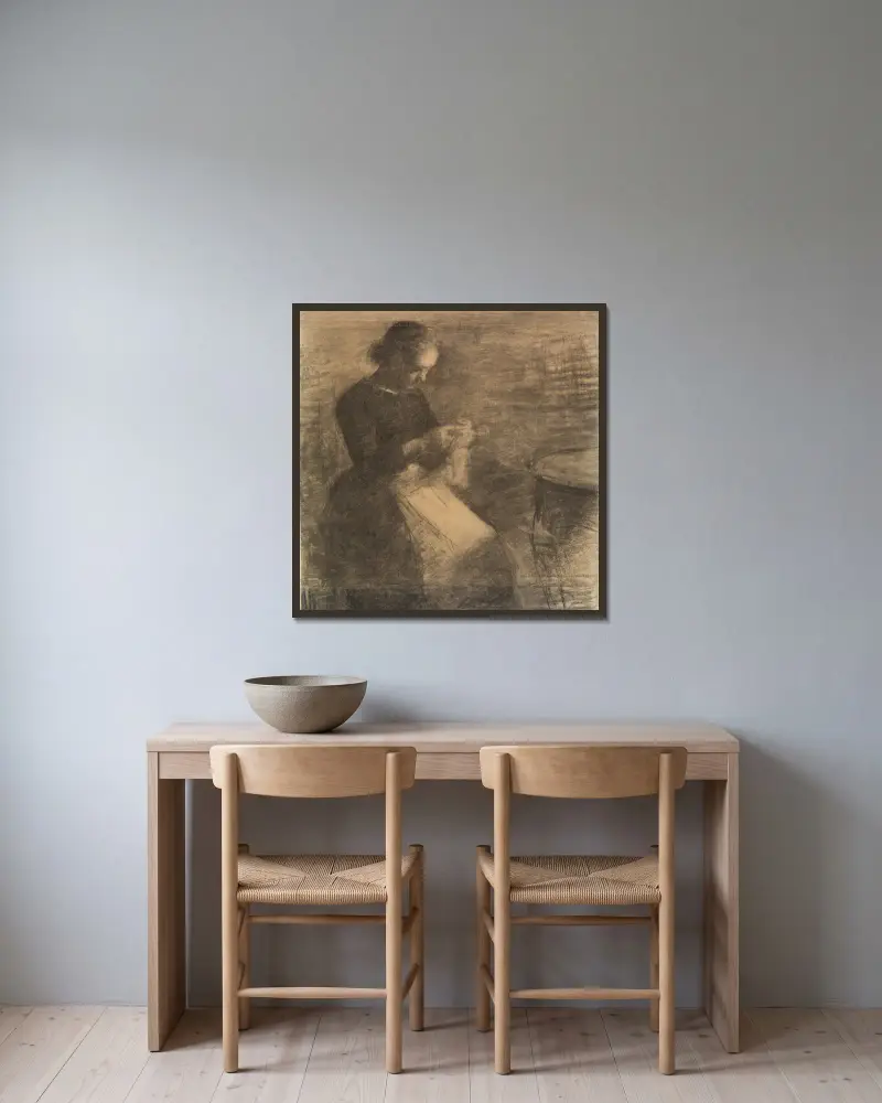 Porträtt av Ida Hammershøi med handarbete av Vilhelm Hammershøi inramad på en vägg