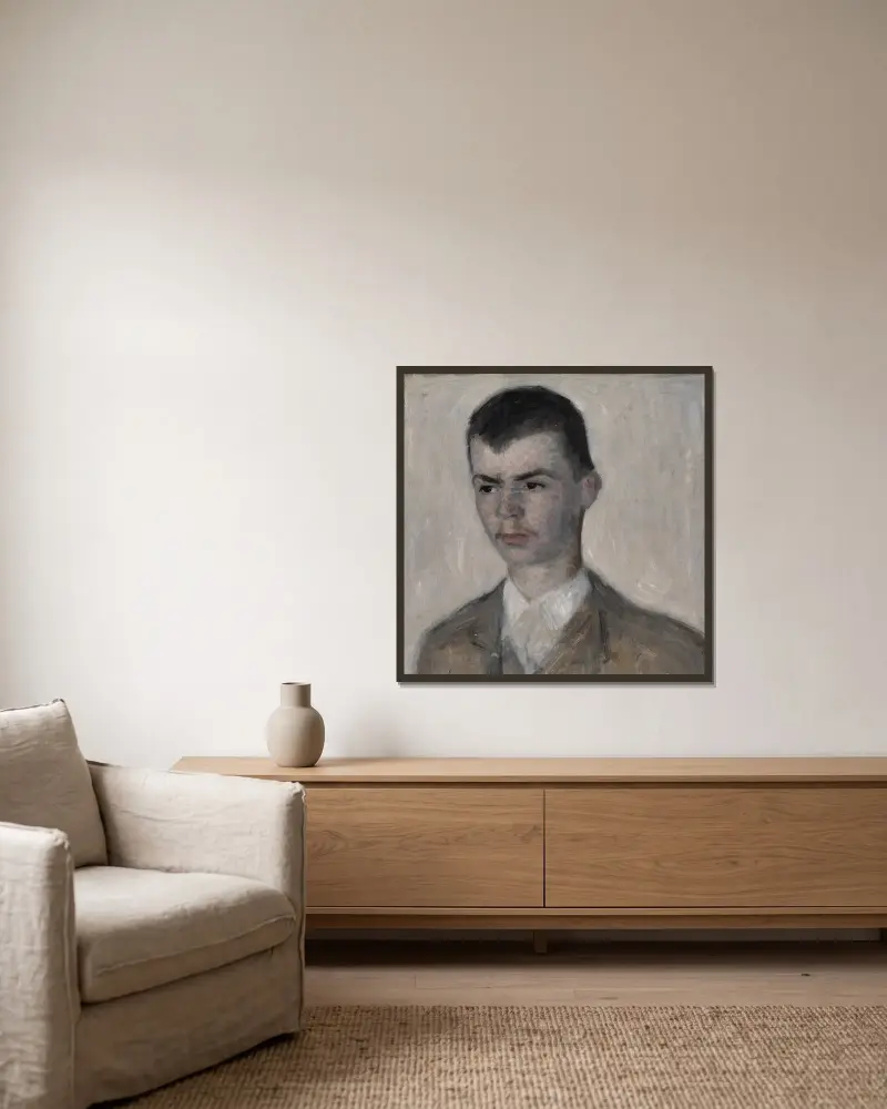 Porträtt av konstnärens bror, Svend Hammershøi av Vilhelm Hammershøi inramad på en vägg