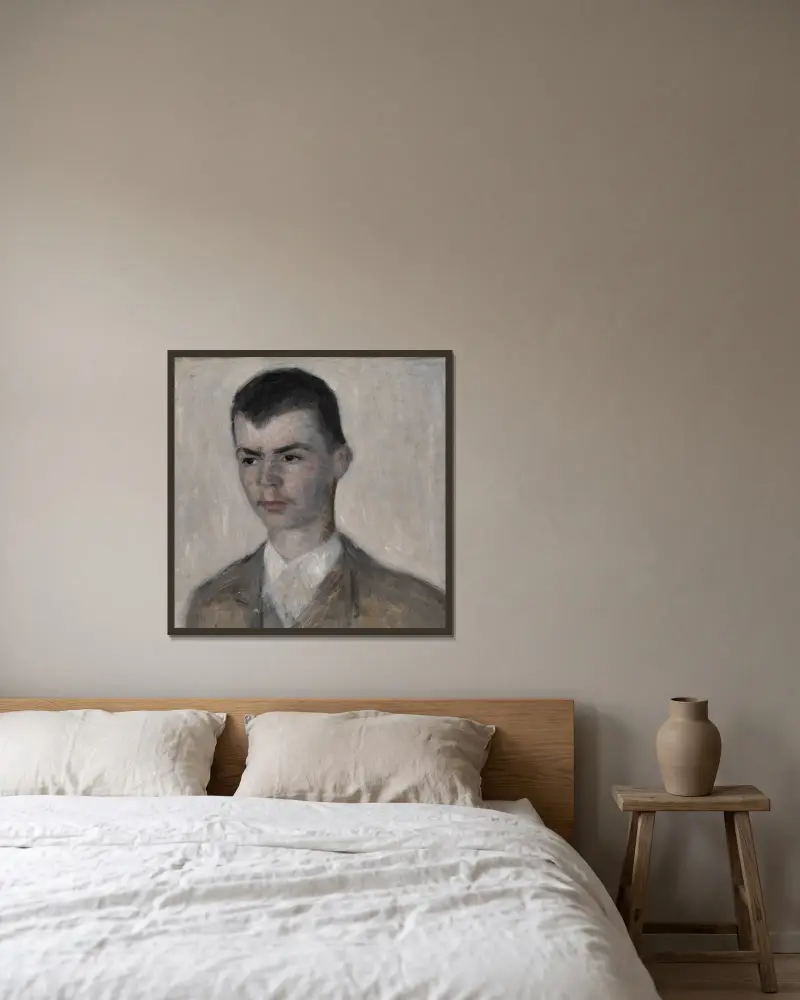 Porträtt av konstnärens bror, Svend Hammershøi av Vilhelm Hammershøi inramad på en vägg