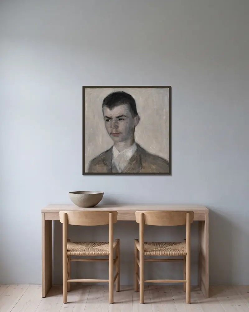 Porträtt av konstnärens bror, Svend Hammershøi av Vilhelm Hammershøi inramad på en vägg