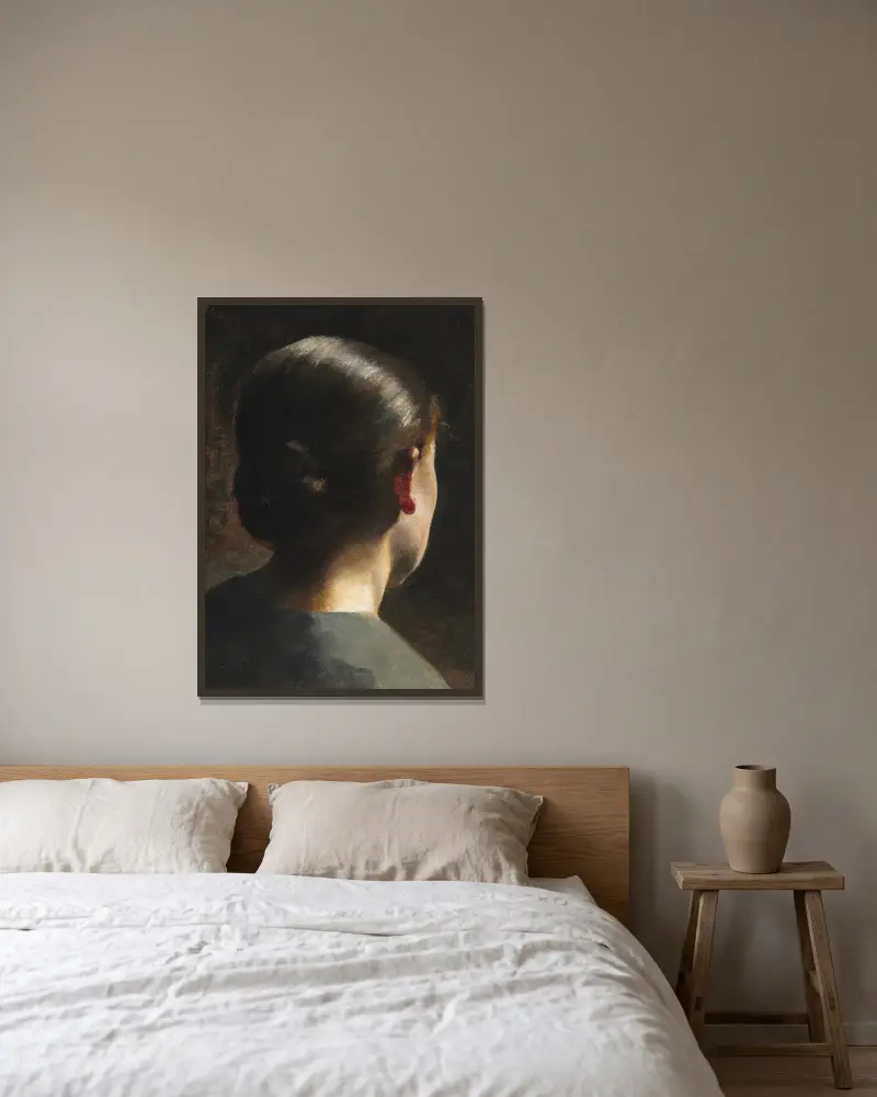 Porträtt av konstnärens syster Anna Hammershøi sedd bakifrån av Vilhelm Hammershøi inramad på en vägg
