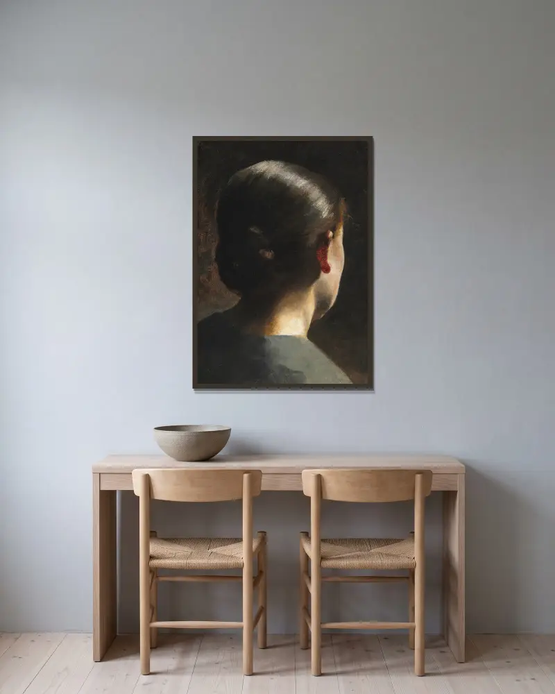 Porträtt av konstnärens syster Anna Hammershøi sedd bakifrån av Vilhelm Hammershøi inramad på en vägg
