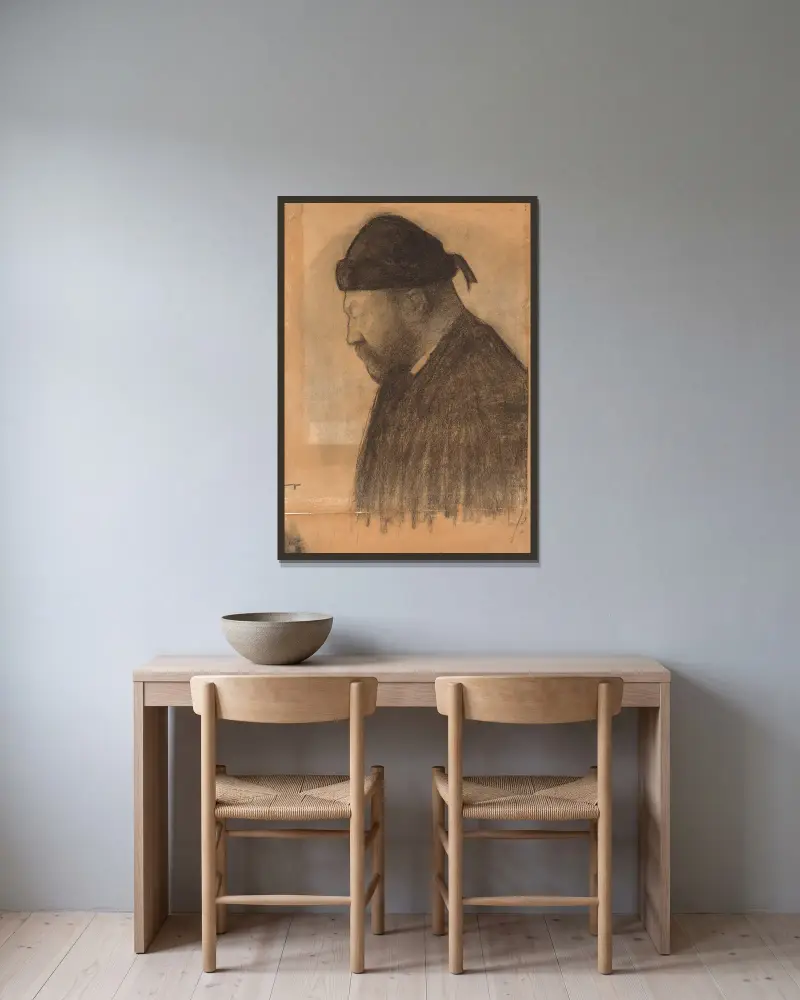 Porträt von Thorvald Bindesbøll im Profil nach links von Vilhelm Hammershøi gerahmt an einer Wand