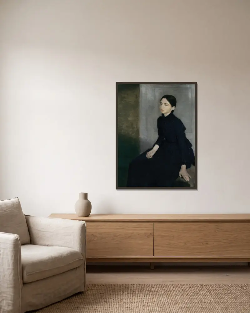 Bildnis einer jungen Frau. Die Schwester des Künstlers Anna Hammershøi von Vilhelm Hammershøi gerahmt an einer Wand