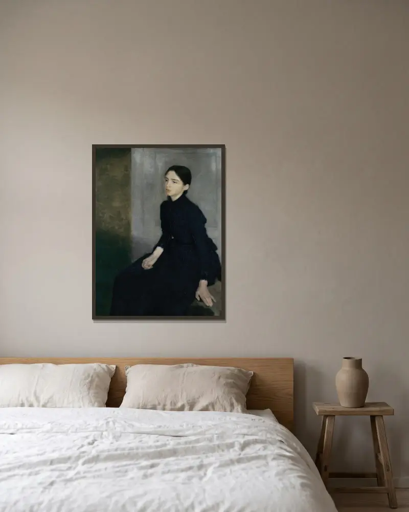 Bildnis einer jungen Frau. Die Schwester des Künstlers Anna Hammershøi von Vilhelm Hammershøi gerahmt an einer Wand