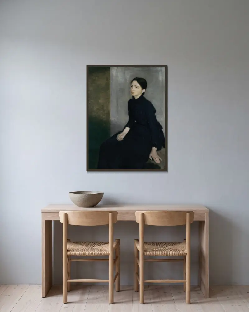 Bildnis einer jungen Frau. Die Schwester des Künstlers Anna Hammershøi von Vilhelm Hammershøi gerahmt an einer Wand