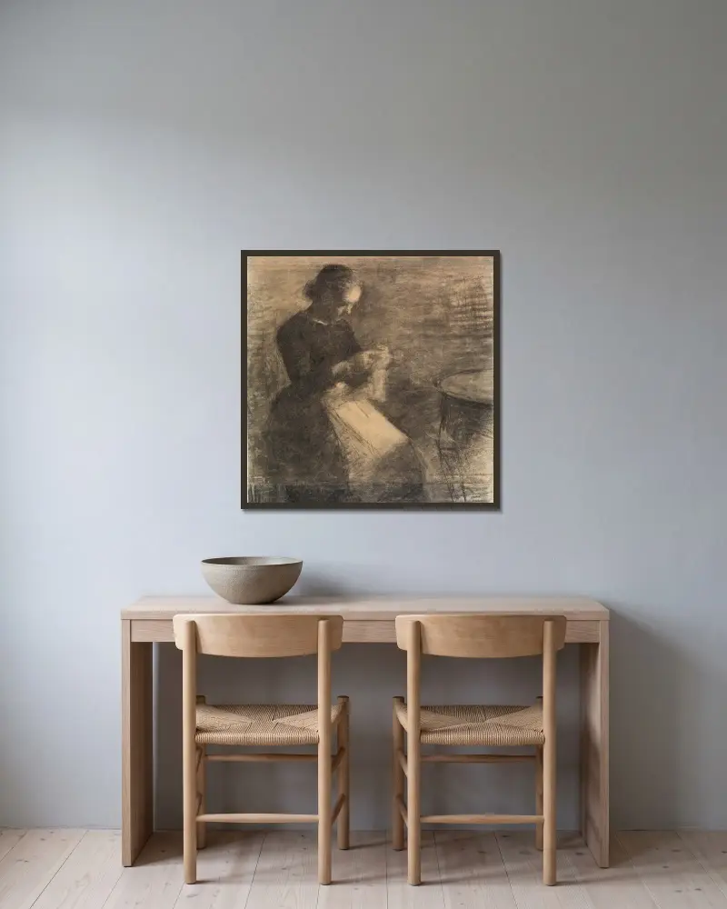 Porträtt av Ida Hammershøi med handarbete av Vilhelm Hammershøi inramad på en vägg