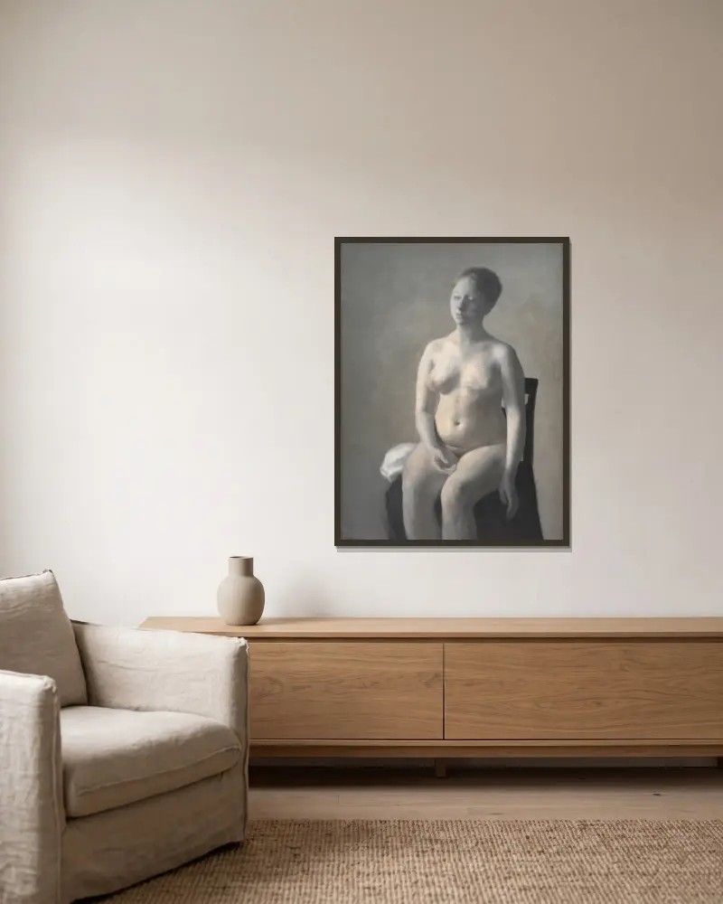 Seated Female Nude av Vilhelm Hammershøi inramad på en vägg