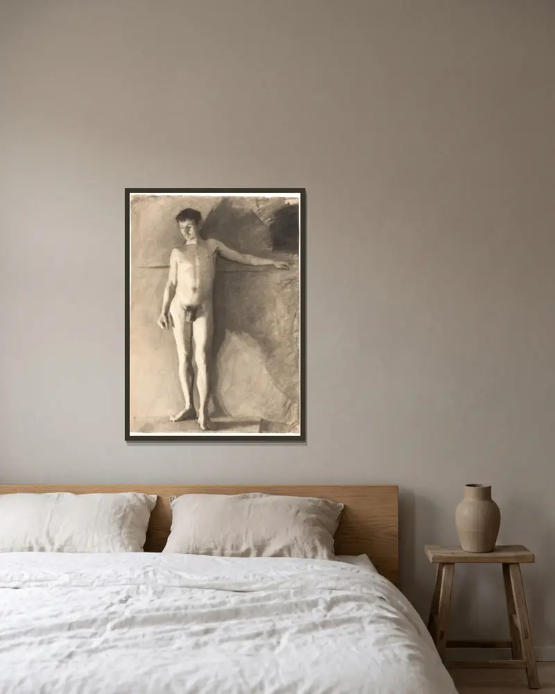 Stående mandlig model av Vilhelm Hammershøi inramad på en vägg