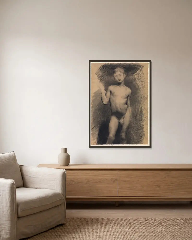 Stehender nackter Junge. Modellstudie von Vilhelm Hammershøi gerahmt an einer Wand