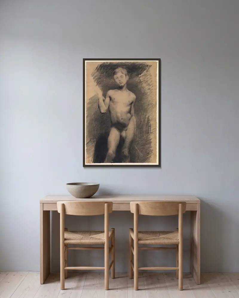 Stehender nackter Junge. Modellstudie von Vilhelm Hammershøi gerahmt an einer Wand