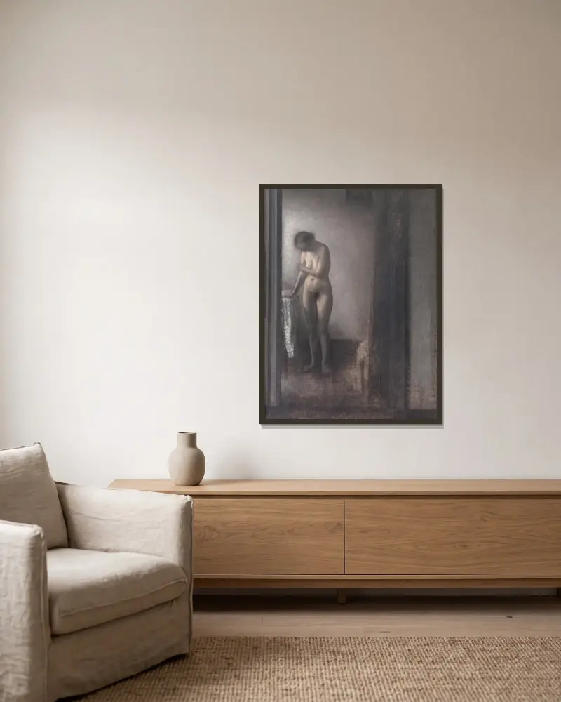 Stehende weibliche nackte Figur von Vilhelm Hammershøi gerahmt an einer Wand