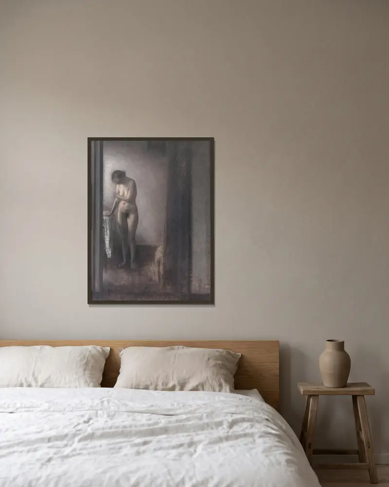 Stehende weibliche nackte Figur von Vilhelm Hammershøi gerahmt an einer Wand