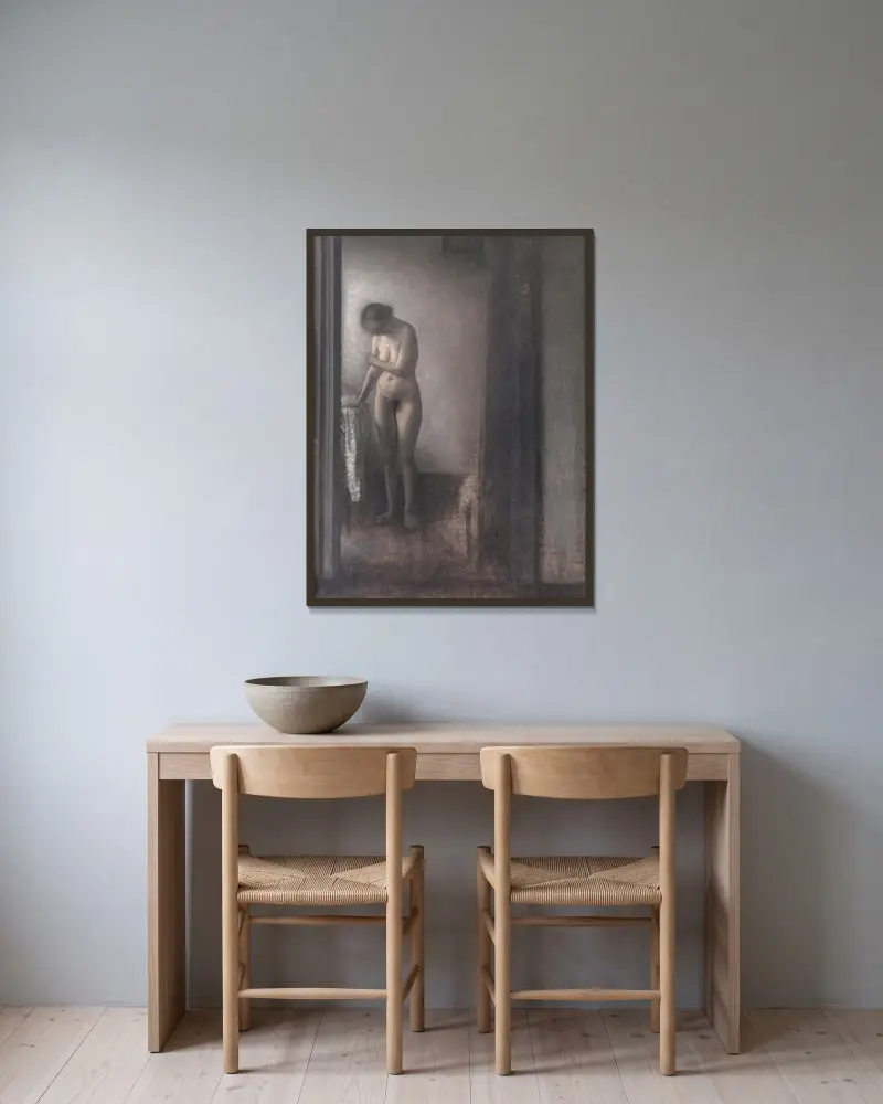 Stehende weibliche nackte Figur von Vilhelm Hammershøi gerahmt an einer Wand