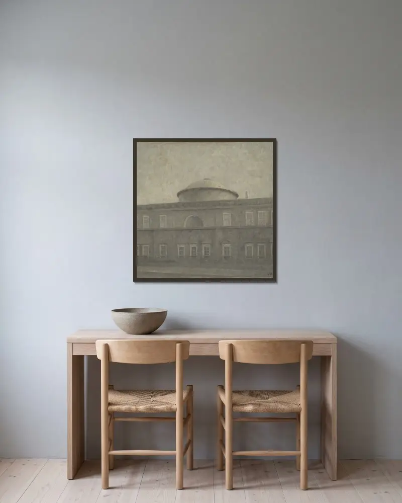 Köpenhamns slottskyrka av Vilhelm Hammershøi inramad på en vägg