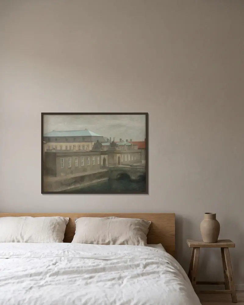 Utsikt över Christiansborgs slott. Senhöst av Vilhelm Hammershøi inramad på en vägg