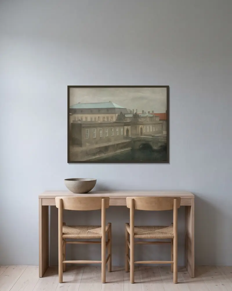 Utsikt över Christiansborgs slott. Senhöst av Vilhelm Hammershøi inramad på en vägg