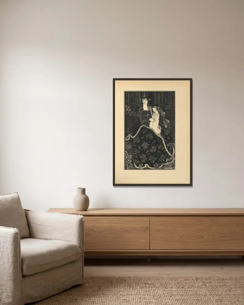 Ett julkort. Ur 'The Savoy' nr 1 av Aubrey Vincent Beardsley inramad på en vägg