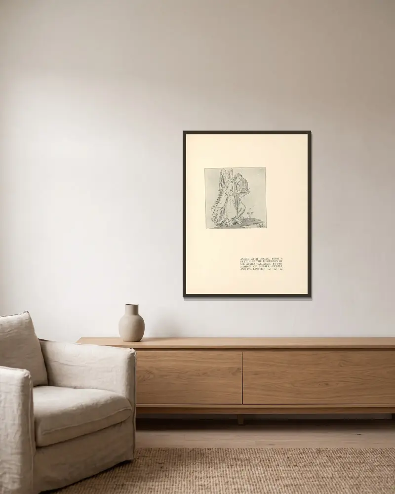Engel mit Orgel von Aubrey Vincent Beardsley gerahmt an einer Wand