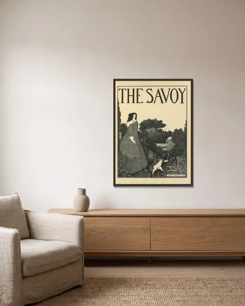 Omslagsformgivning för nr 1 av ”The Savoy” av Aubrey Vincent Beardsley inramad på en vägg