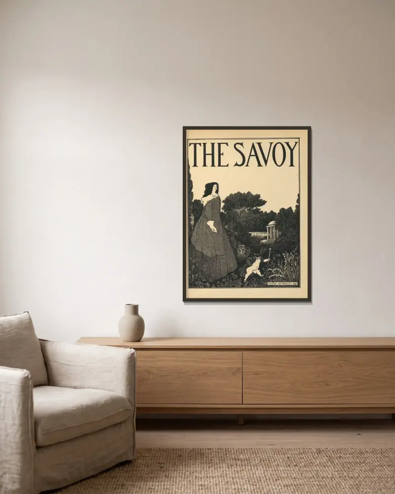 Omslagsdesign. Ur 'The Savoy' nr 1 av Aubrey Vincent Beardsley inramad på en vägg