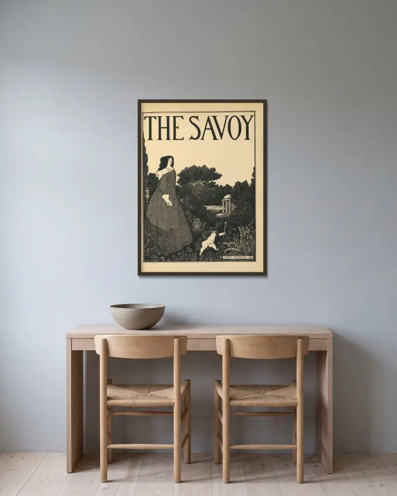 Omslagsdesign. Ur 'The Savoy' nr 1 av Aubrey Vincent Beardsley inramad på en vägg