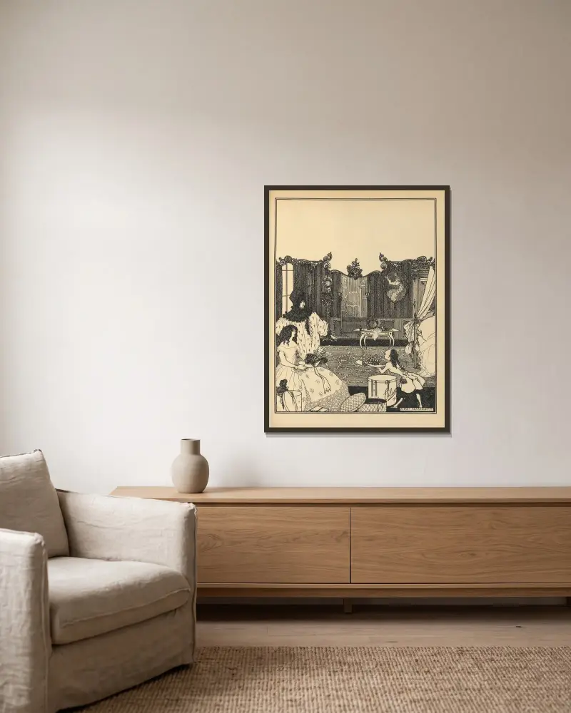 Omslagsdesign. Ur 'The Savoy' nr 2 av Aubrey Vincent Beardsley inramad på en vägg
