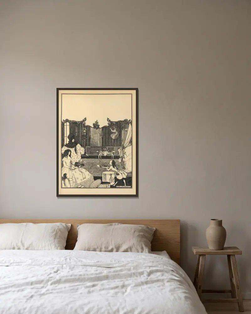 Omslagsdesign. Ur 'The Savoy' nr 2 av Aubrey Vincent Beardsley inramad på en vägg