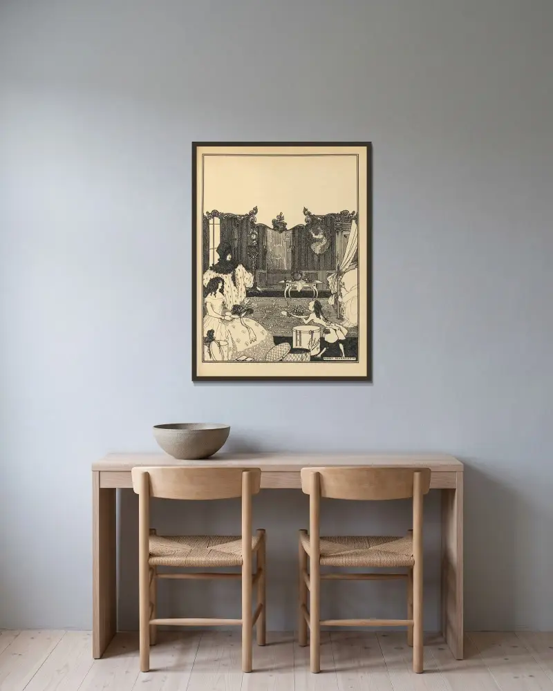 Omslagsdesign. Ur 'The Savoy' nr 2 av Aubrey Vincent Beardsley inramad på en vägg