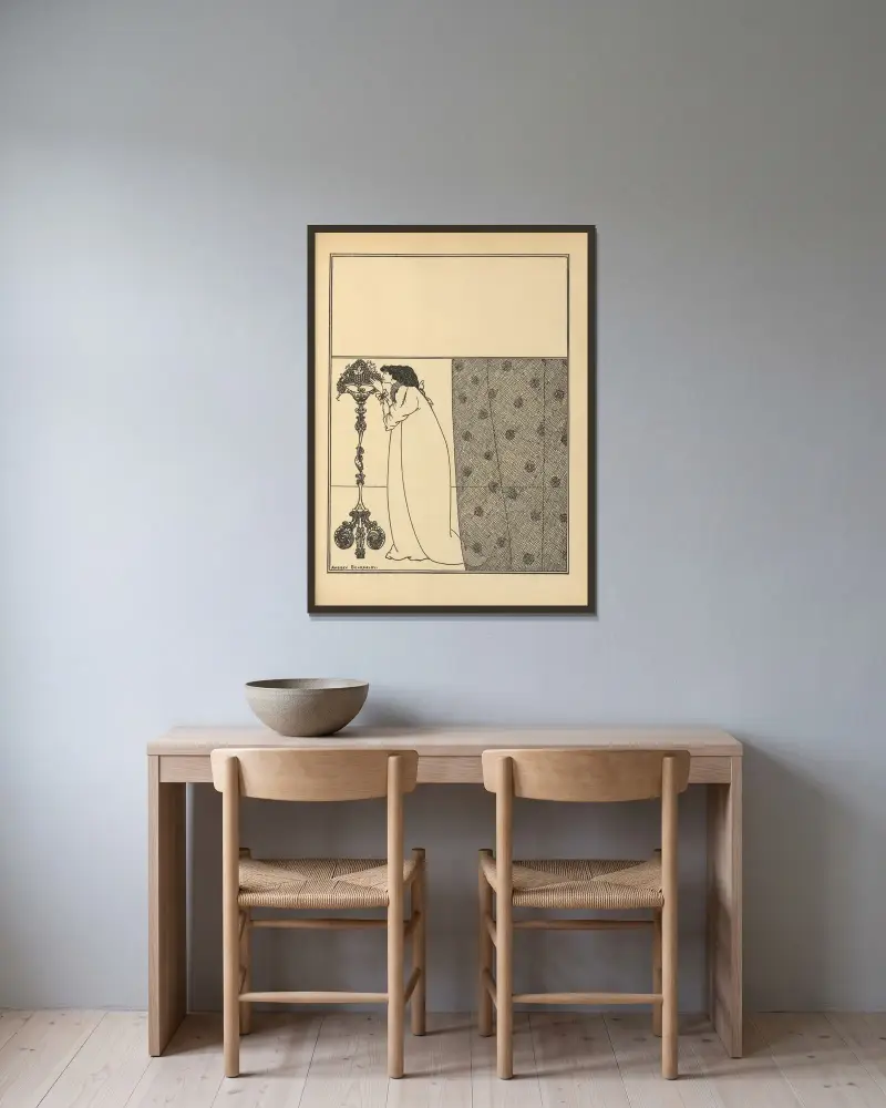 Omslagsdesign. Ur 'The Savoy' nr 4 av Aubrey Vincent Beardsley inramad på en vägg